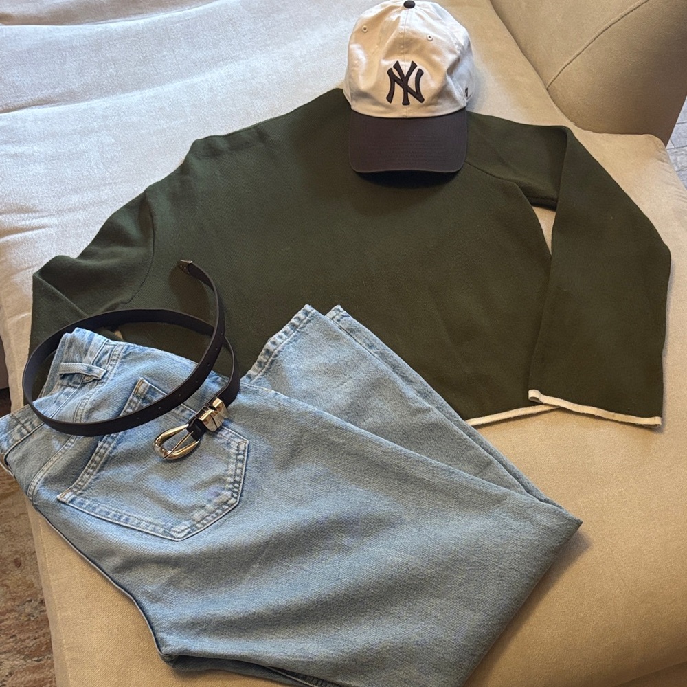 Topshop Olive Green Mock Neck Sweater with Cream Trim